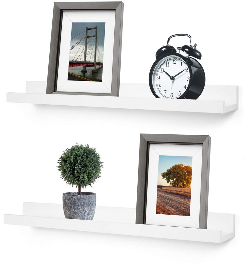 Greenco Picture Shelf, Set of 2 Wall Mounted Photo Ledge Floating Shelves for Bedroom, Living Room, Kitchen, Bathroom, Nursery Display, White Finish